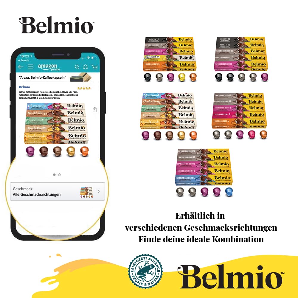 Belmio Kaffeekapseln Nespresso Kompatibel, Alle Sorten Pack, Mittelstark Geröstete Kaffeekapseln, Intensität 6 und 7, authentische belgische Qualität, 8 Geschmacksvarianten, 100 Kapseln