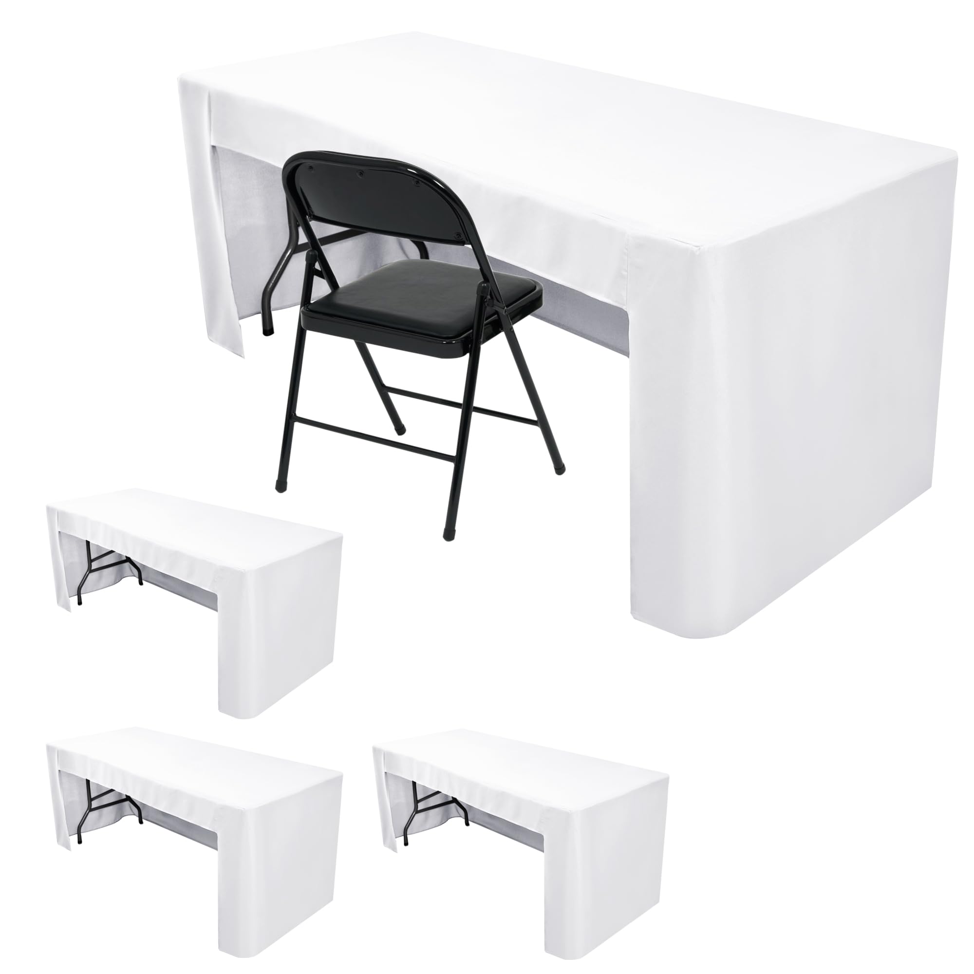 Nasitos Set of 4 White Fitted Tablecloths for 6ft Folding Tables - Open-Back Washable Table Cover for Rectangular Table, Parties, Wedding, Banquet, Jewelry Shows, Craft Fair