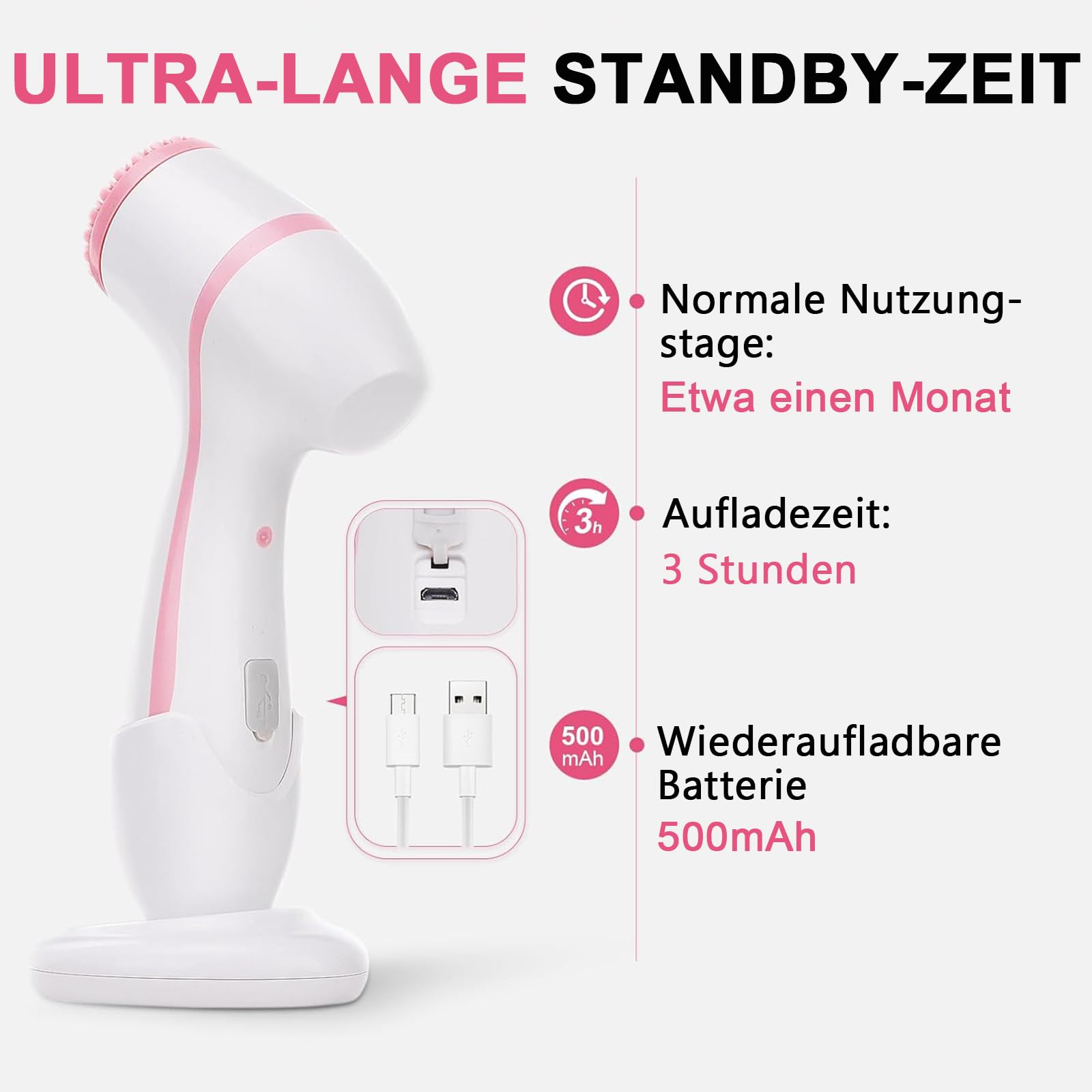 Maxspace Gesichtsreinigungsbürste, IPX7 Wasserdichte Gesichtsbürste Elektrisch mit 3 Bürstenköpfen und 2-stufige Rotation, Reinigungsbürste Gesicht für Gesichtsreinigung Exfoliation (Rosa)