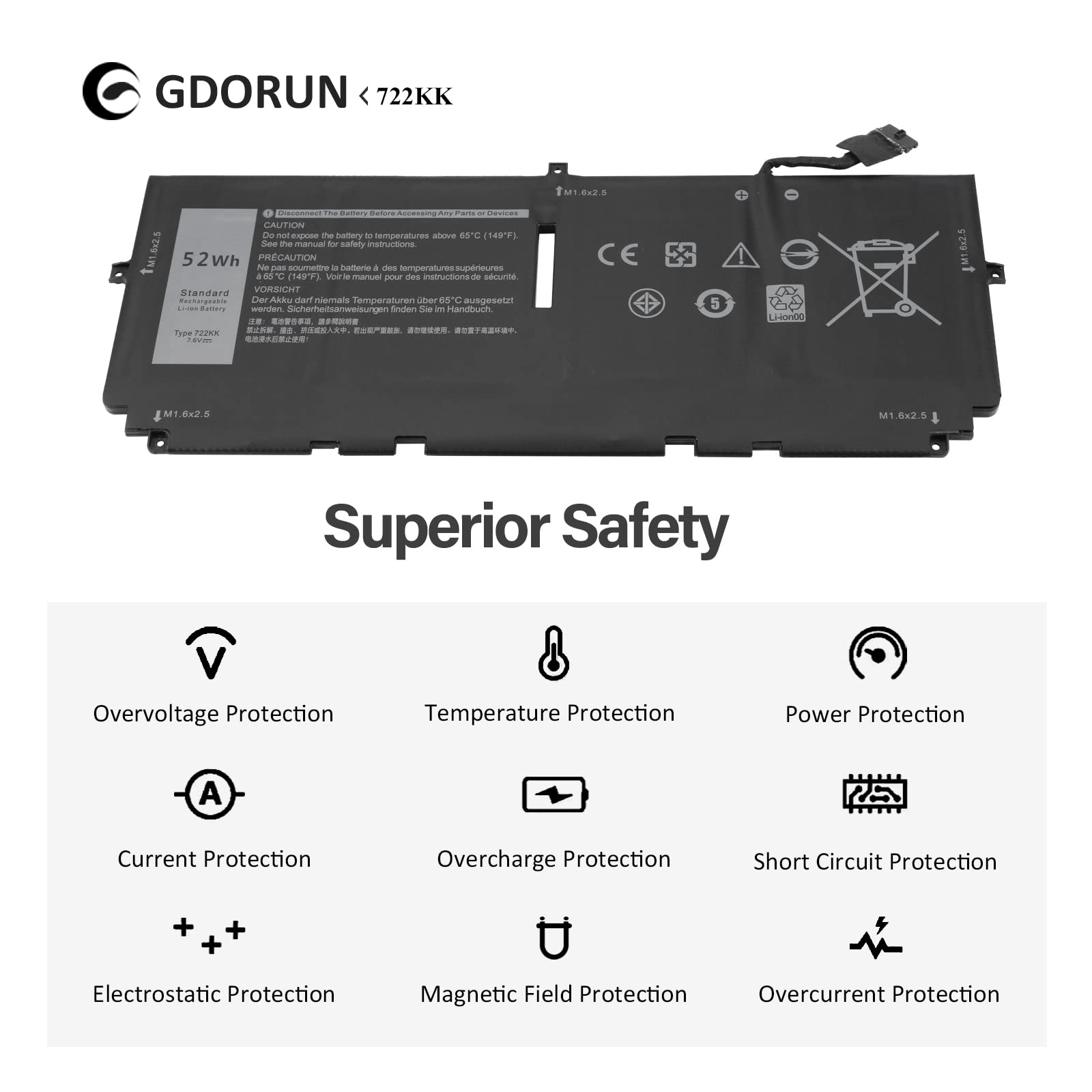 GDORUN 52Wh 722KK Laptop Batteria per Dell XPS 13 9300 9310 9380(2020 Edition) P117G P117G002 P117G001 0WN0N0 WN0N0 02XXFW 2XXFW FP86V 2ICP4/60/80-2 7.6V 6800mAh 4-Cell Notebook Battery Replacement