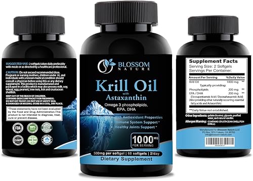 Miniatura 5 de Aceite de krill antártico de 1000 mg con astaxantina, omega-3, 6 y 9, fosfolípidos, ácidos grasos EPA, DHA, apoyo a articulaciones saludables,