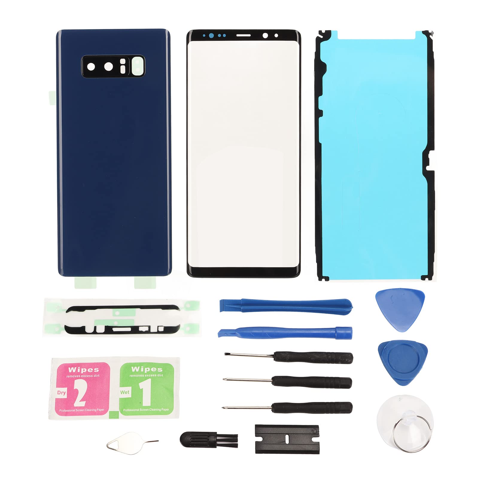 Zopsc for Galaxy Note 8 Back Cover Glass Panel and Front Outer Screen Glass Cover Replacement, Replacement Front Rear Glass Cover Kit for Galaxy Note 8 Phone, with Repair Tools (Blue)