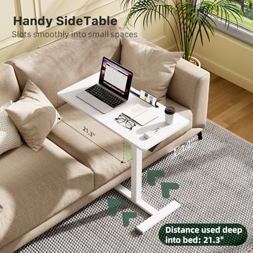 Mobile Standing Desk, Pneumatic Adjustable Rolling Desk(31.5 Inches), Portable Laptop Desk with Wheels, Overbed Bedside Table Laptop Table for Couch, Home, Office, White