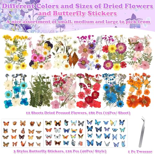 Image of 300 Pcs Real Dried Pressed Flowers & Butterfly Stickers for Resin Crafts | Natural Dry Wildflowers Leaves with Tweezer for Resin Jewelry Molds, Candle, Soap, Scrapbook, Bookmark, Frame, Card Making