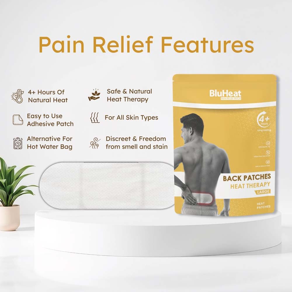 BluHeat Back Pain Relief Patches (Pack of 4 pcs Large) 4+ Hours of Heat Therapy, Safe and Natural Odour-Free Air-Activated, Long-Lasting Ultimate Substitution of hot Water Bags, ON the GO 1