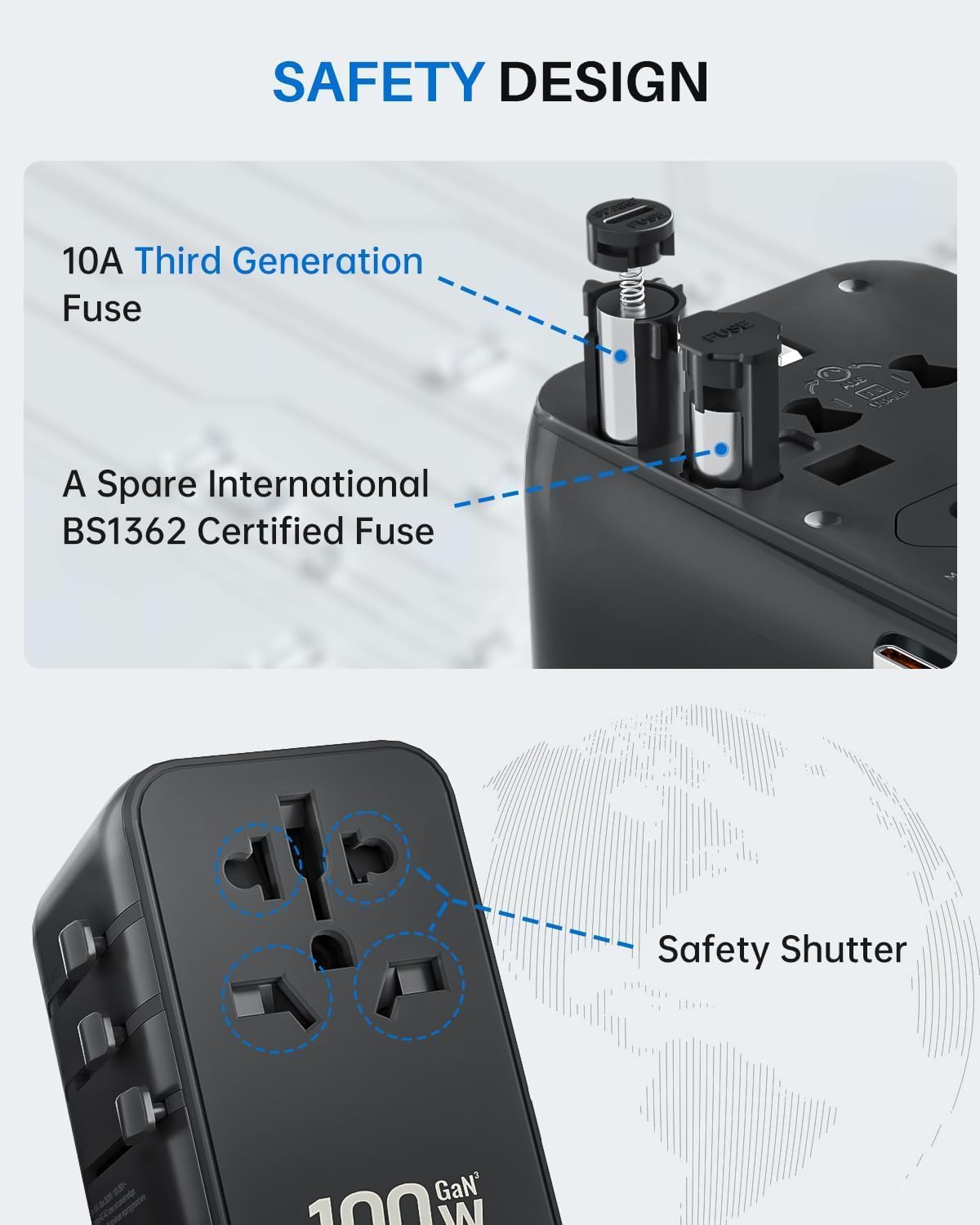 DOACE 100W GaN Universal Travel Adapter, 6-in-1 International Power Adapter, European Travel Plug with Built-in USB-C Cable, Fast Charging, Worldwide for EU UK US AUS, Travel Essentials (Black)