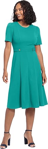 Miniatura 3 de London Times Womens Short Sleeve Crepe Fit and Flare Midi with Waist Button Detail