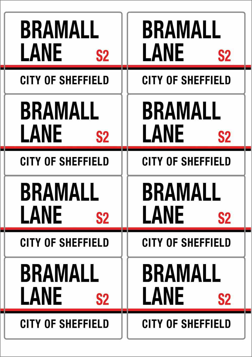 Bramall Lane S2 City of Sheffield Road Sign Rectangular Matt Paper Stickers A4 Sheet of 8 (Each Sticker is 99mm x 68mm)