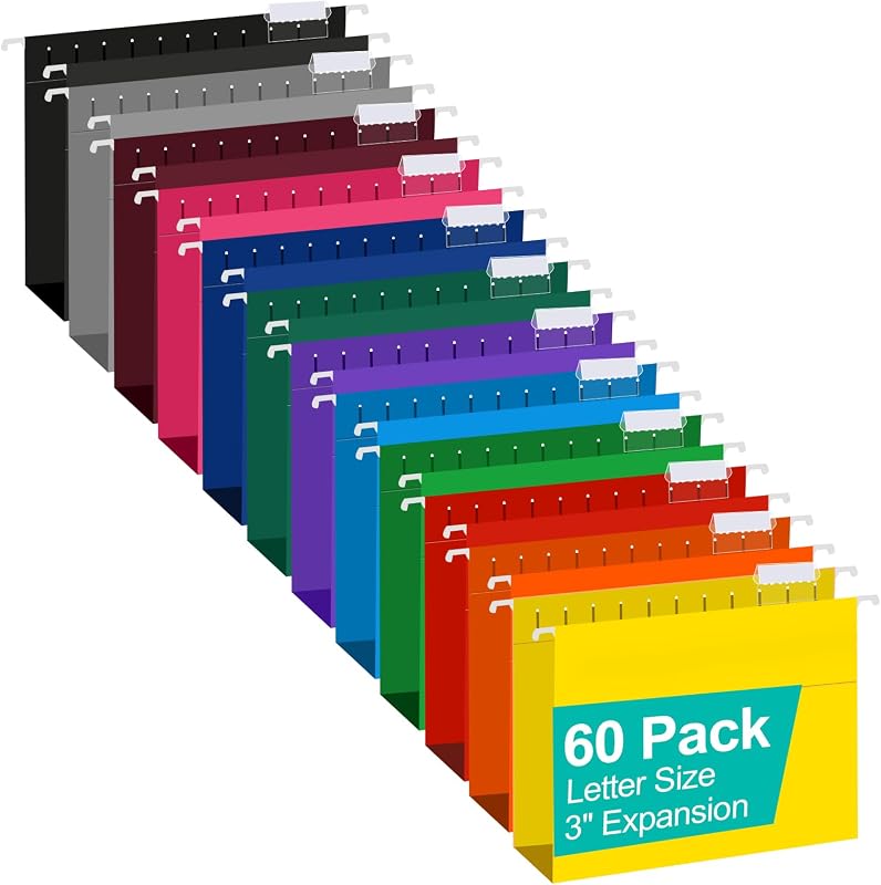 Extra Capacity Hanging File Folders, 60 Pack Reinforced Letter Size Hanging Folders with Heavy Duty 3 Inch Expansion, Designed for Bulky Files, Medical Charts, 12 Assorted Colors