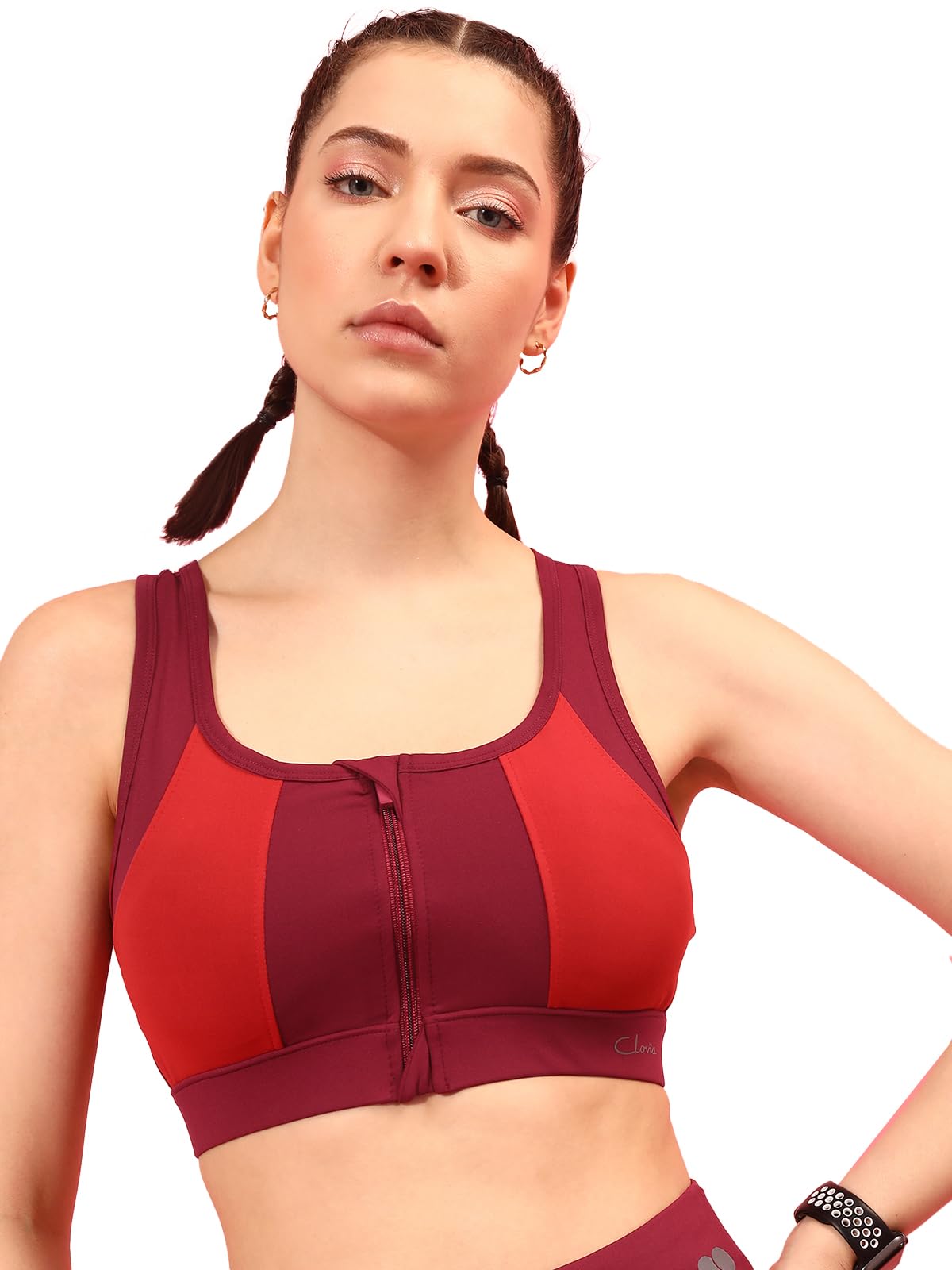 Women's Medium Impact Padded Colourblocked Racerback Sports Bra with Front Zipper