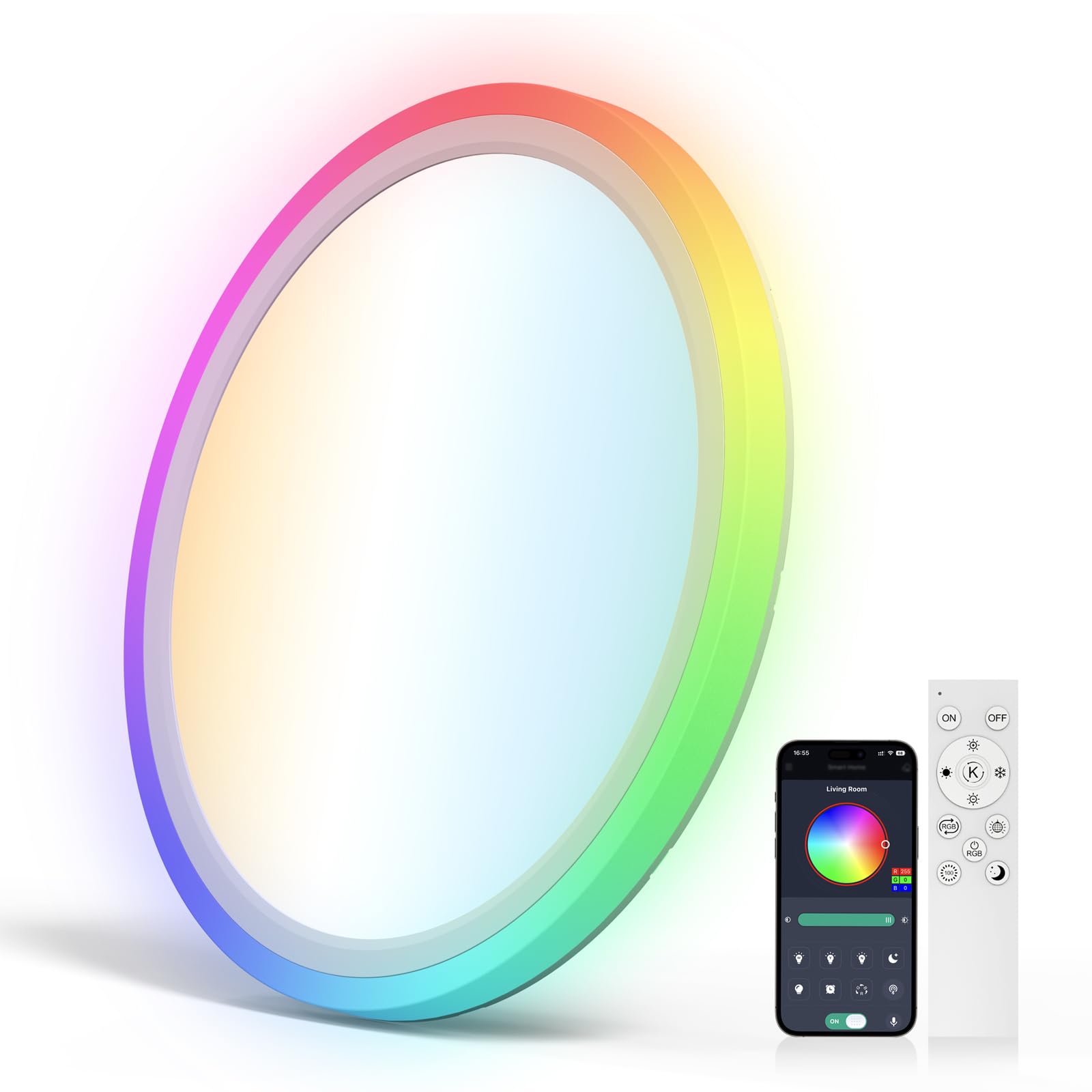 Aphyni Luz lateral de 7 colores Luz de techo RGB,ultrafino Ø40CM, lámpara de techo LED regulable 24W con luz nocturna, 3000-6500K 5500LM, control remoto APP control para salón, dormitorio,baño