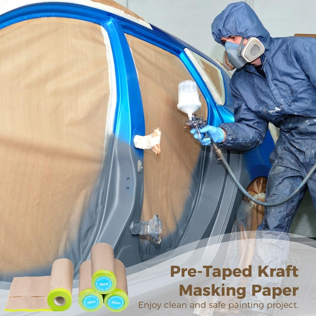 4 Rollen Kraft Abdeckpapier, vorgeklebte Abdeckfolie zum Streichen, 12 Zoll x 50 ft Bodenabdeckpapier, haftendes Malerpapier für Wandabdeckung, Abdeckpapier für Sprühlackierarbeiten
