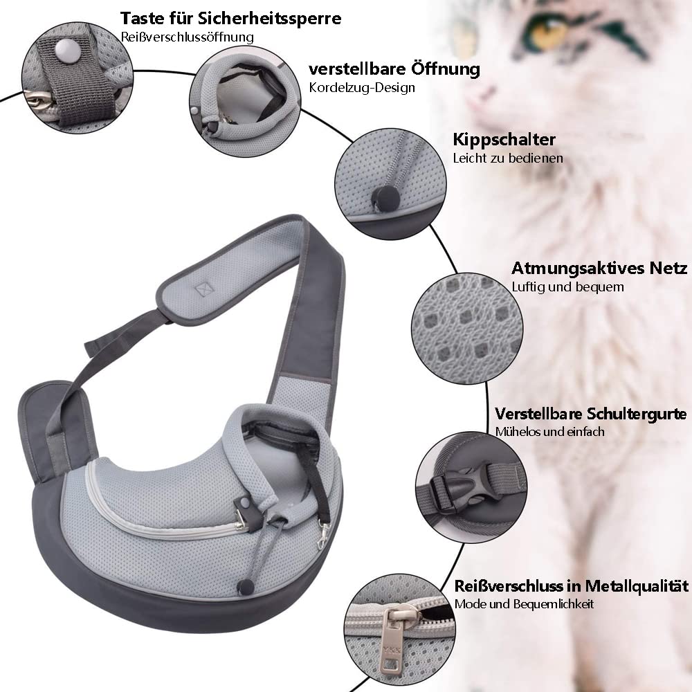 CUBY Huisdier hond en kat draagdoeken handen vrij ademend net verstelbare puppytas Travel Safe Sling Carrier voor kleine honden katten (M, lichtgrijs