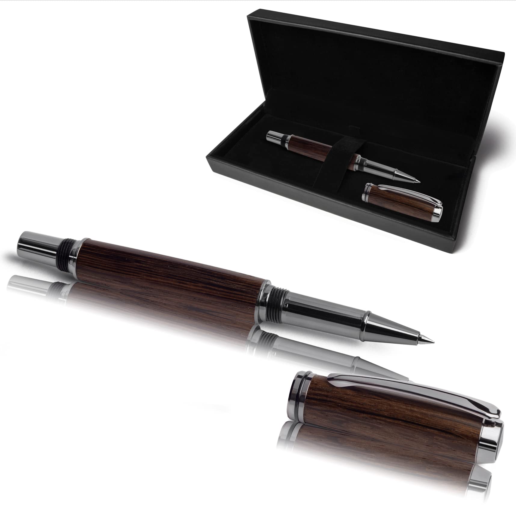 Handgefertigter Tintenroller aus Echtholz | Hochwertiger Rollerball aus Holz mit Miene & Etui | Exklusives Business Geschenk Set (Mooreiche)