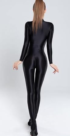 Woman's Sheer Shiny Bodystocking Daily Lingerie High Neck Long Sleeve Zipper Crotch Bodysuit Catsuit