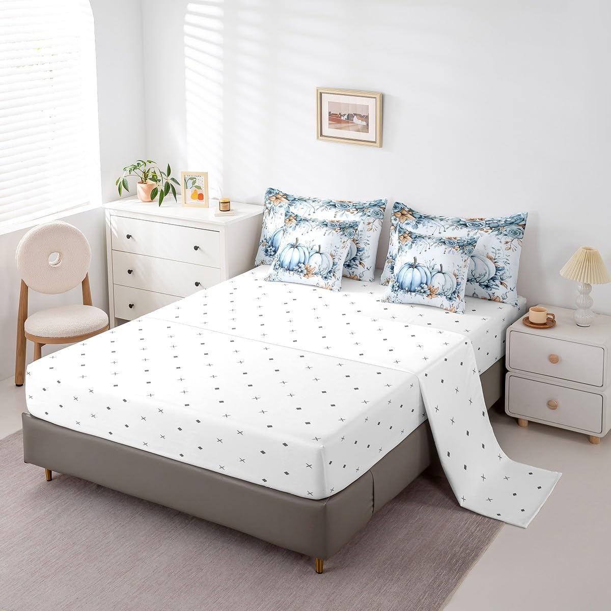 Erosebridal Fall Blue Pumpkin Bedding Set Watercolor Maple Eucalyptus Leaves Bed in A Bag Autumn Thanksgiving Queen Comforter Set 7 Piece for Kids,Rustic Farmhouse Sheet Set with Comforter