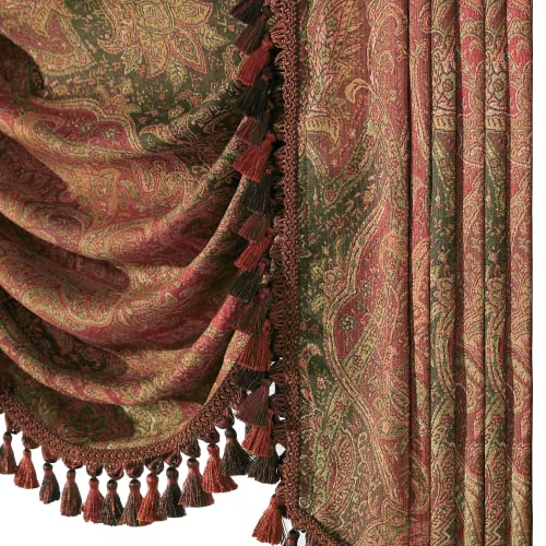 Cenefa para ventanas de damasco cascada roja y verde de 150cm con borlas 7
