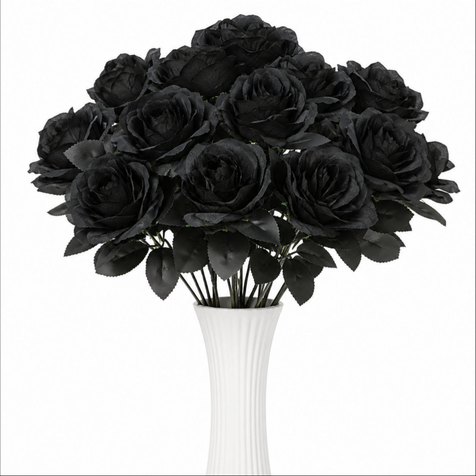 Haonyue Black Roses Flowers for Halloween Decorations, Long Stem Real Touch Faux Halloween Flowers Realistic, Artificial Flowers Silk Rose Bouquet for Wedding Party Office Home Decorations