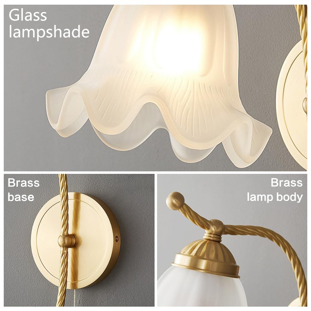 Applique da Parete in Ottone con Cordino, Lampada in Vetro Satinato, Lampada a Forma di Fiore in Stile Nordico, Lampada da Comodino, Applique a Cablaggio Fisso per Soggiorno e Came