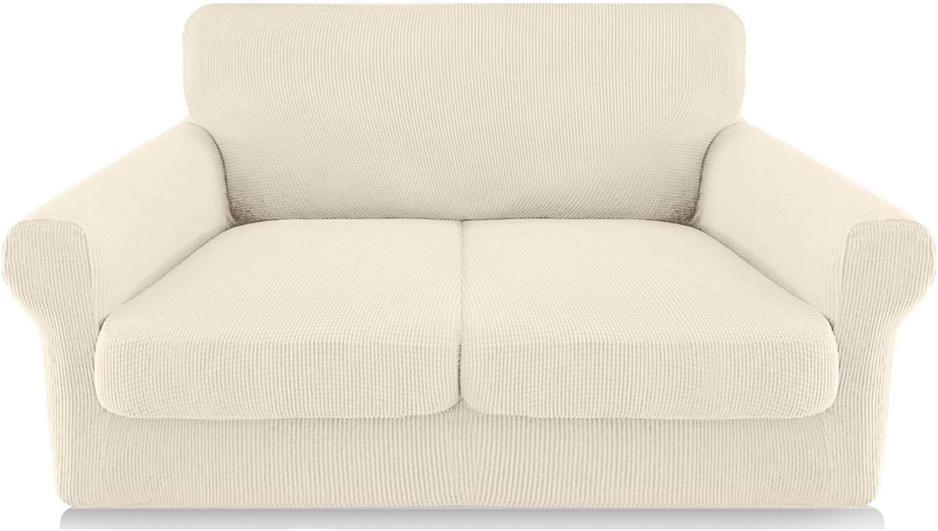 FAHUA 3 Piece High Stretch Couch Covers for 2 Cushion Couch Soft Sofa Cover with Separate Cushion Cover Form Fit Sofa Slipcover Furniture Protector Machine Washable (Medium, Beige)