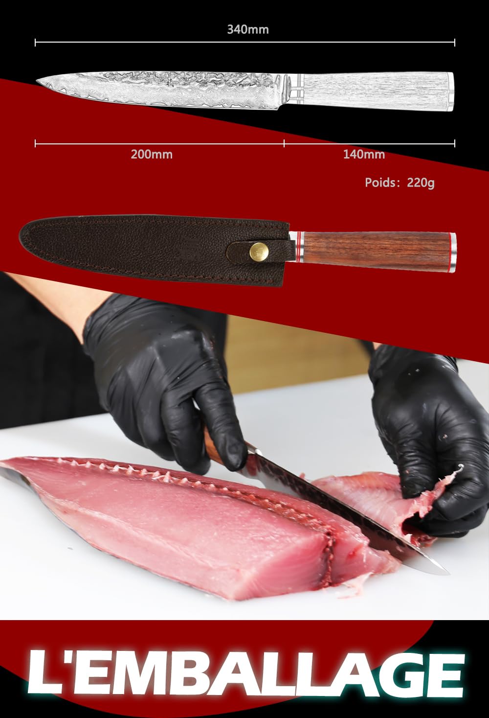 YOUSUNLONG Couteaux à découper - Couteaux à Sashimi Lame aiguisée 200mm - Couteau à Sushi Japonais VG10 Acier Damas Martelé - Manche en bois de noyer naturel avec étui en cuir