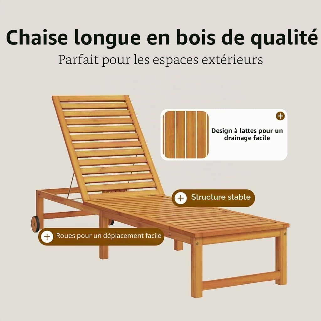 vidaXL Transat Marron 202 x 53 x 89 cm Bois d'Acacia Massif, Mobilier extérieur Moderne, transat Adjustable, Fauteuil Patio Minimaliste, résistant aux intempéries