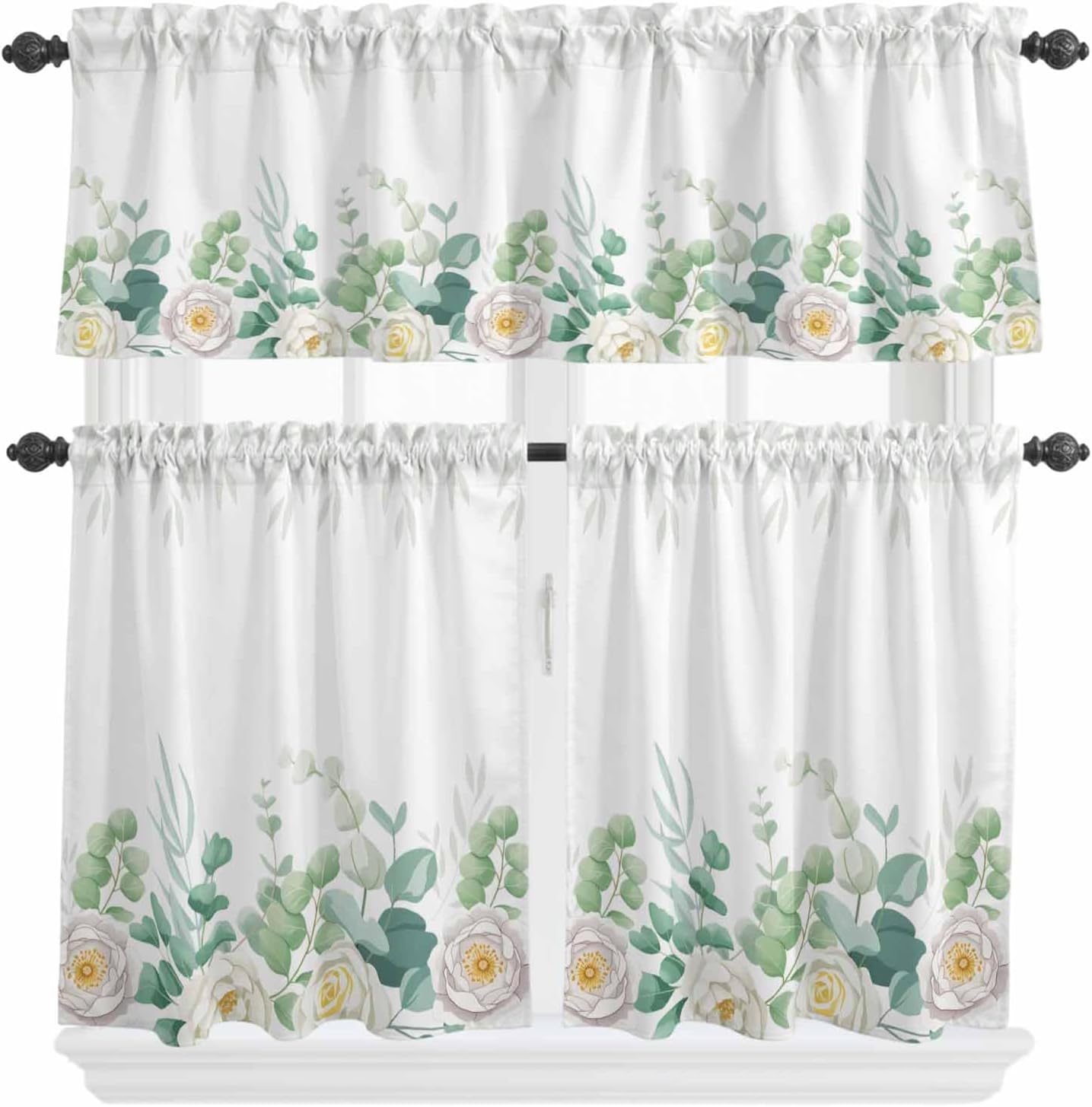 YOKOU 3 Piece Curtains Tiers and Valances Set, Eucalyptus Leaves Summer Watercolor Green Leaf Flower Rod Pocket Short Window Treatment Tiers Curtains Panel and Valance for Cafe Bathroom Kitchen