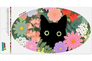 Black Cat Hiding in Spring Flowers Automotive Car Refrigerator Locker Vinyl Euro Oval Magnet