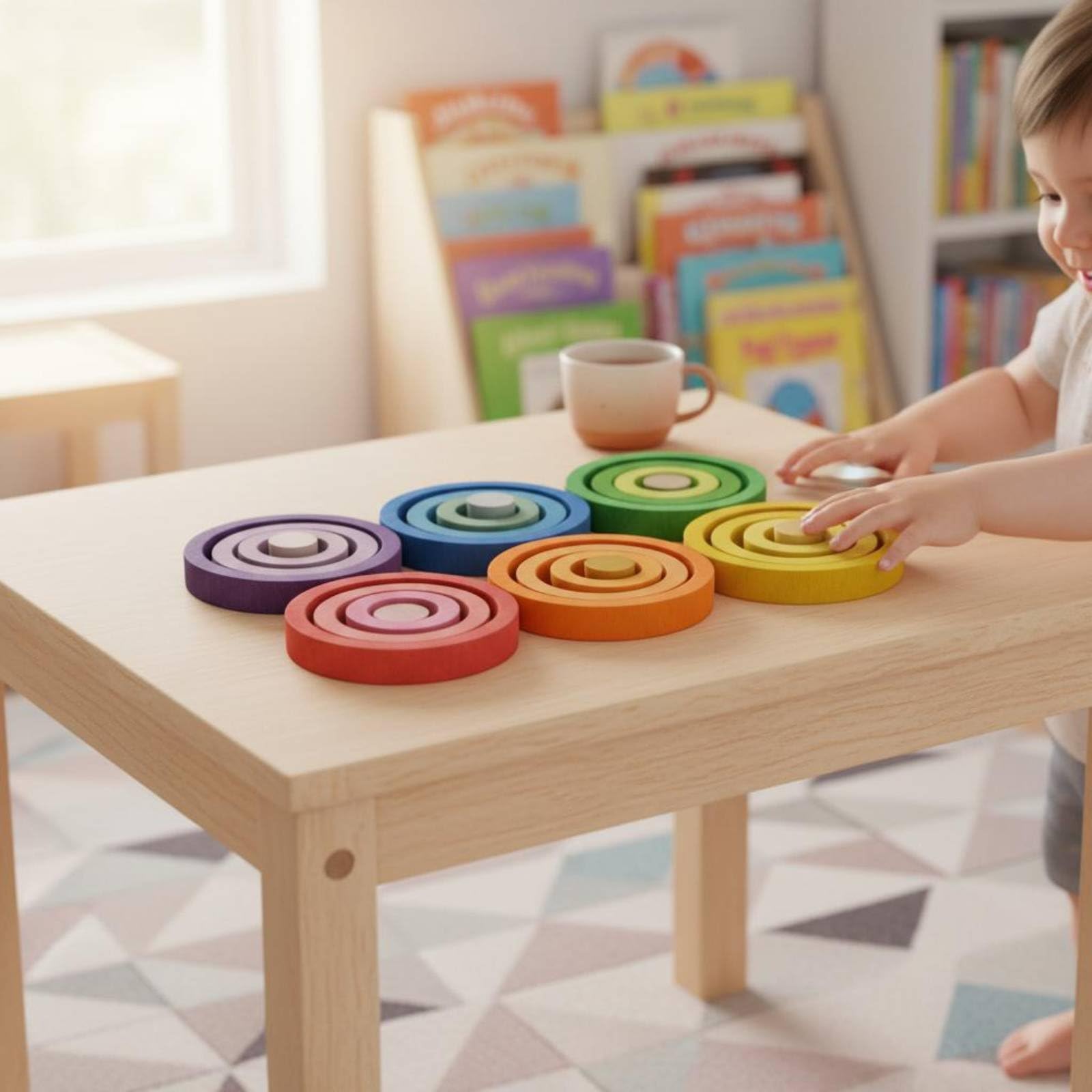 Aros Apilables para Niños Juguete Educativo de Madera Puzzle de Discos Torre de Anillos Juego de Apilar Beech Liso para Aprendizaje Táctil y