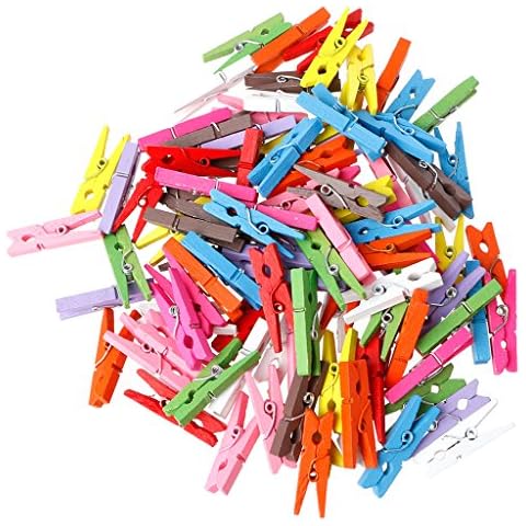 JERKKY Wooden Craft Pegs, 100 Pieces Mini Wooden Craft Pegs 30mm Art Wedding Hanging Photo Clips Clothes Pins Mixed Color Cover