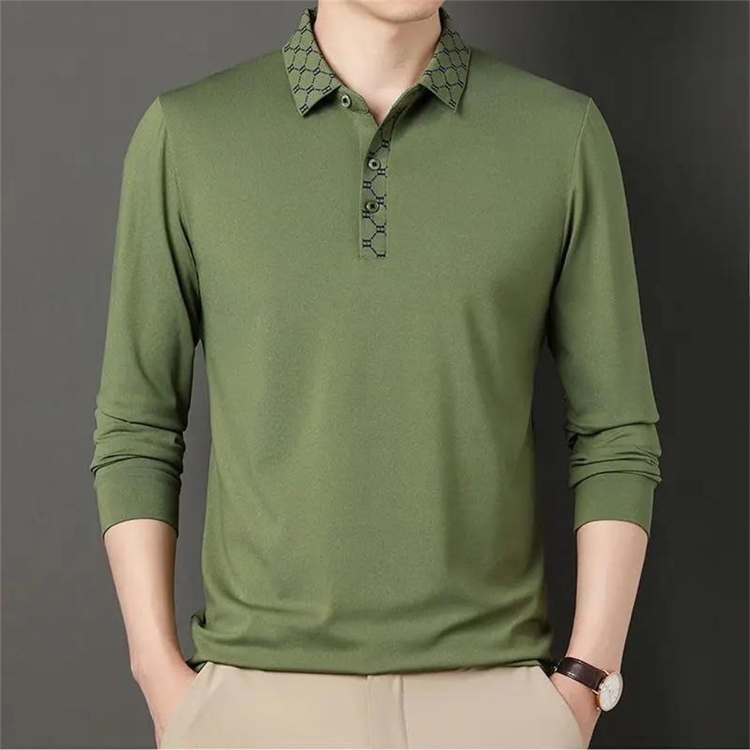 Camisa de manga larga delgada y elegante para hombre, cuello polo, color liso, para negocios, para hombre