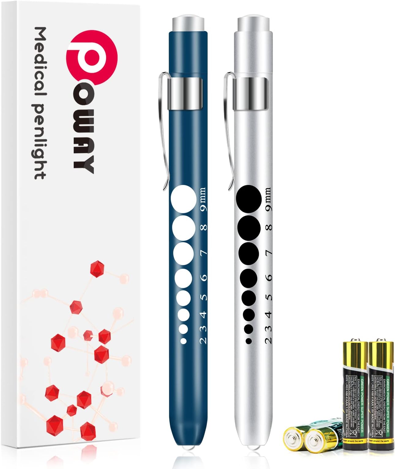 Nurse Penlight with Pupil Gauge LED Medical Pen Light for Nurses Doctors with Batteries Included 2ct, Silver and Blue