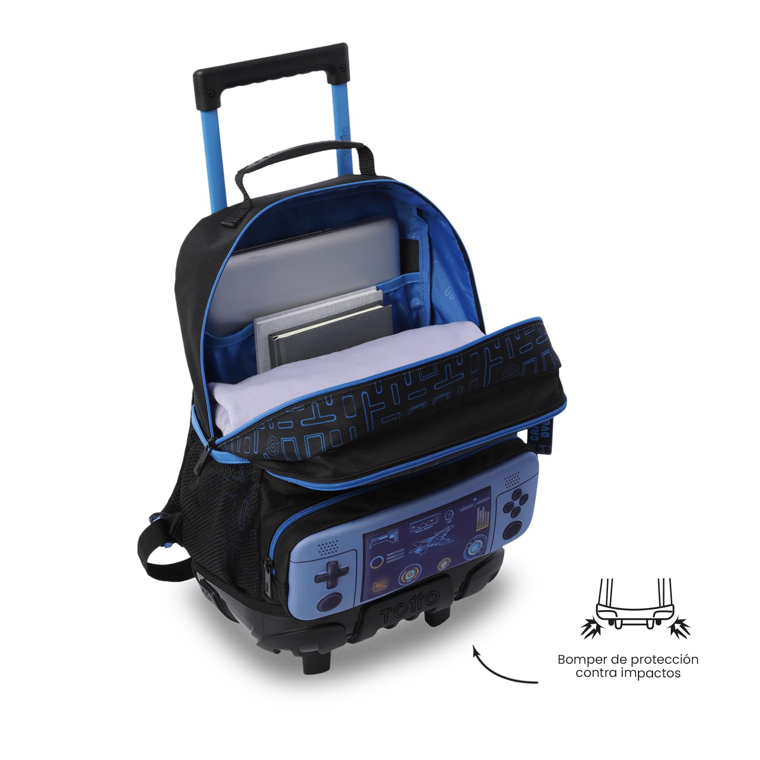 TOTTO - Mochila Escolar con Ruedas, Modelo Vortex M, Mochila Mediana, Capacidad 23 L, Bolsillos Botella, 2 Compartimentos Frontales, Protección en la Base, Correas Ajustables, Estampado Negro