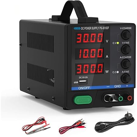 DC Power Supply, Dr.meter Bench Power Supply (0-30 V 0-10 A), LED Display Multifuncitonal Variable Power Supply with USB Interface, Alligator Leads Power Cord for Laboratory