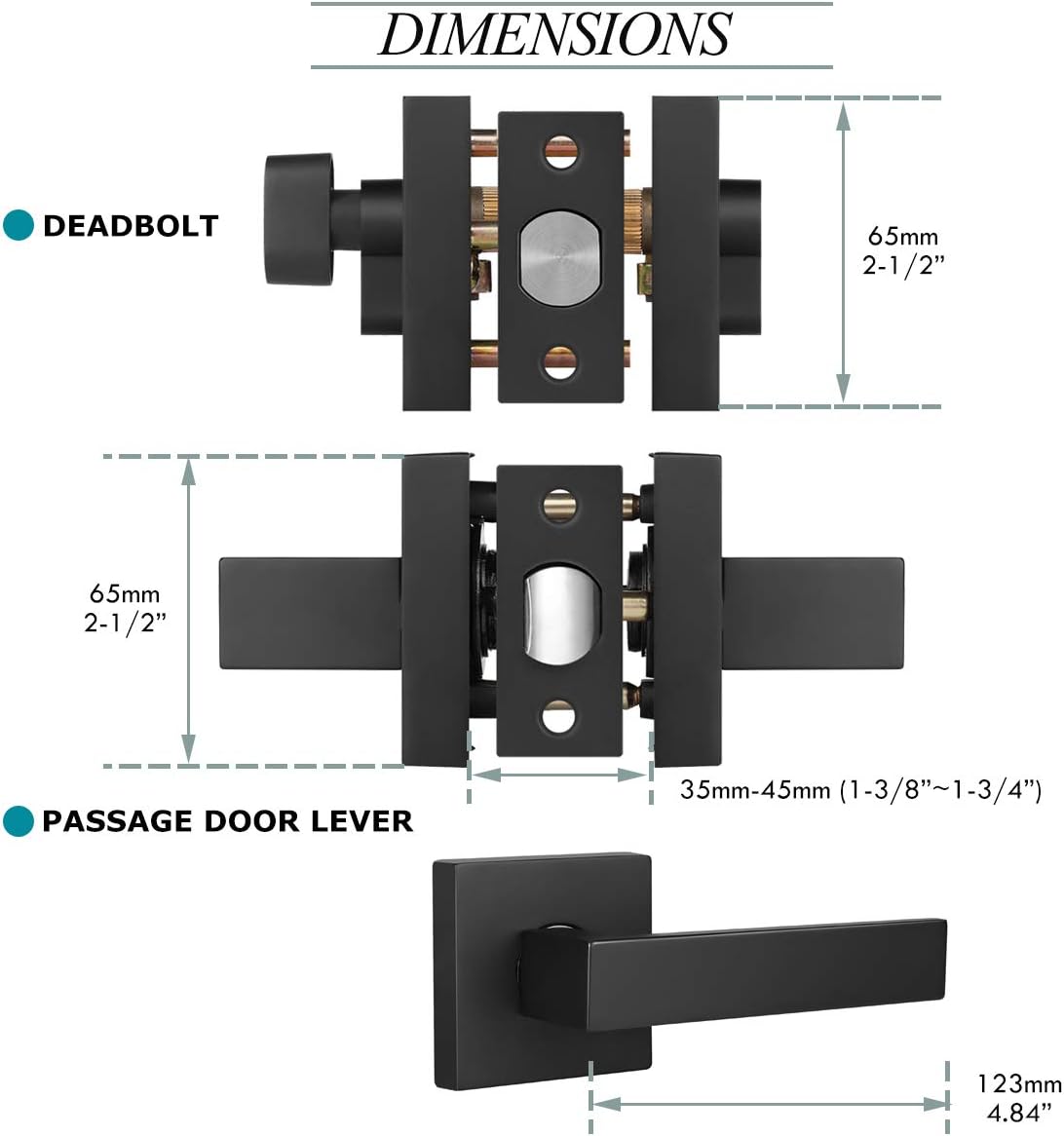Greatest Product 4 Pack Passage Door Lever with Single Cylinder Deadbolt Combination Set in Matte Black for Interior and Exterior Front Doors, Keyed Alike Heavy Duty Door Lever Sets Reversible for Right & Left Sided