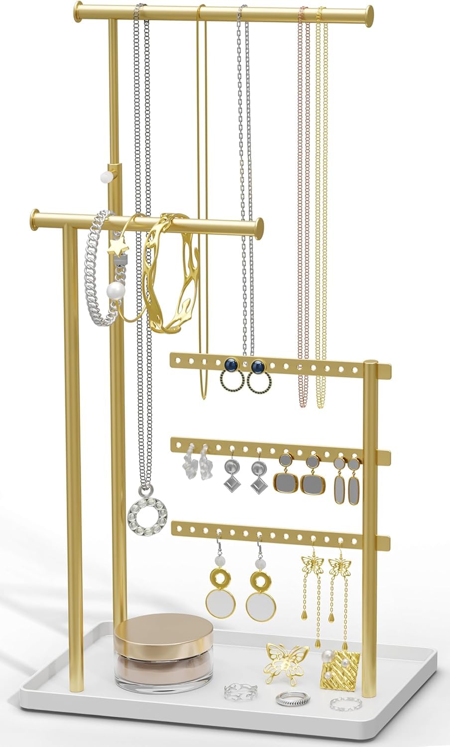 Jewelry Holder Organizer Stand - Adjustable Sturdy Jewelry Hanger for Necklaces, Earrings, Bracelets, Rings, Jewlery Display and Storage, Gold and White, Metal（Gold）