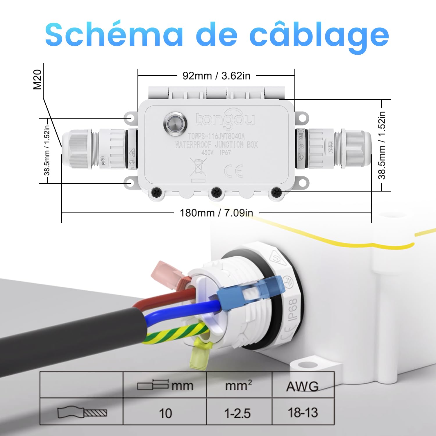 TONGOU Smart life - Interrupteur 1 ~ 16 A, télécommande Wi-Fi, contrôle vocal, IP67, boîte de dérivation étanche avec mesure de consommation d'énergie, protection contre les surcharges