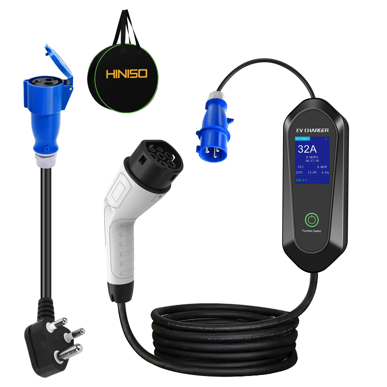 HINISO Portable EV Charger 32A Single Phase 7kw | 5M Type 2 to 3pin Industrial Plug | 32A to 16A Traveling Adaptor| WiFi App | 8/10/13/16/32A | Adjustable Current 3 pin | IP67 Waterproof | LED Screen
