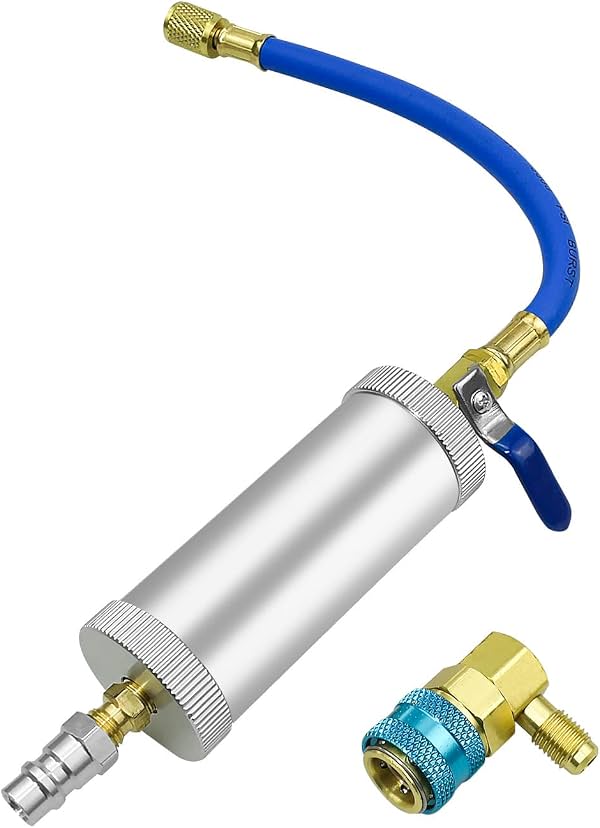 Inyector de colorante para aceite de A/C, kit inyector de aceite para compresor R134A | con acoplador rápido a presión, herramienta de inyección A/C HVAC de 2 OZ con macho y hembra 1/4" SAE para R134a R12 R22