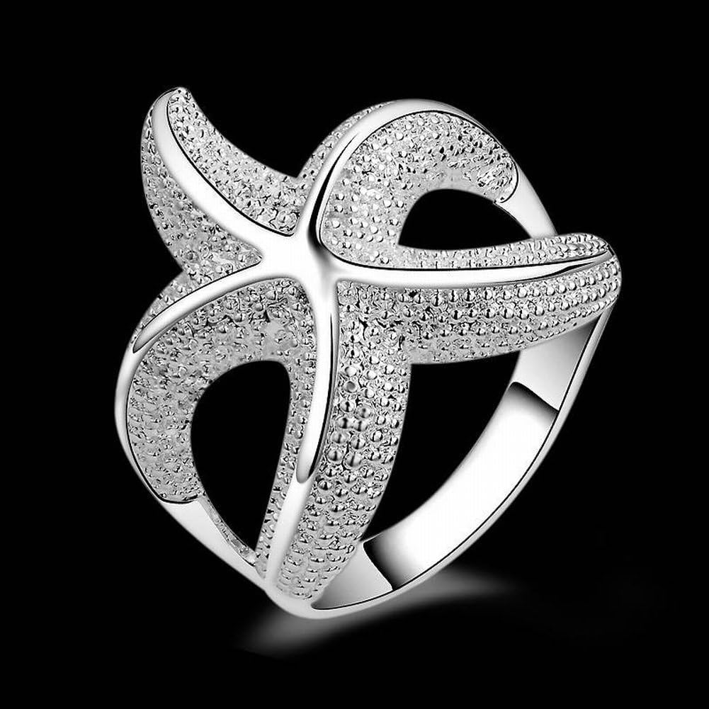 Mode Seestern Ring Frau Ring Hochzeit Geschenk Natur Cartoon Charaktere Diamant Unisex Platin/k Weißgold Set 925 Silber