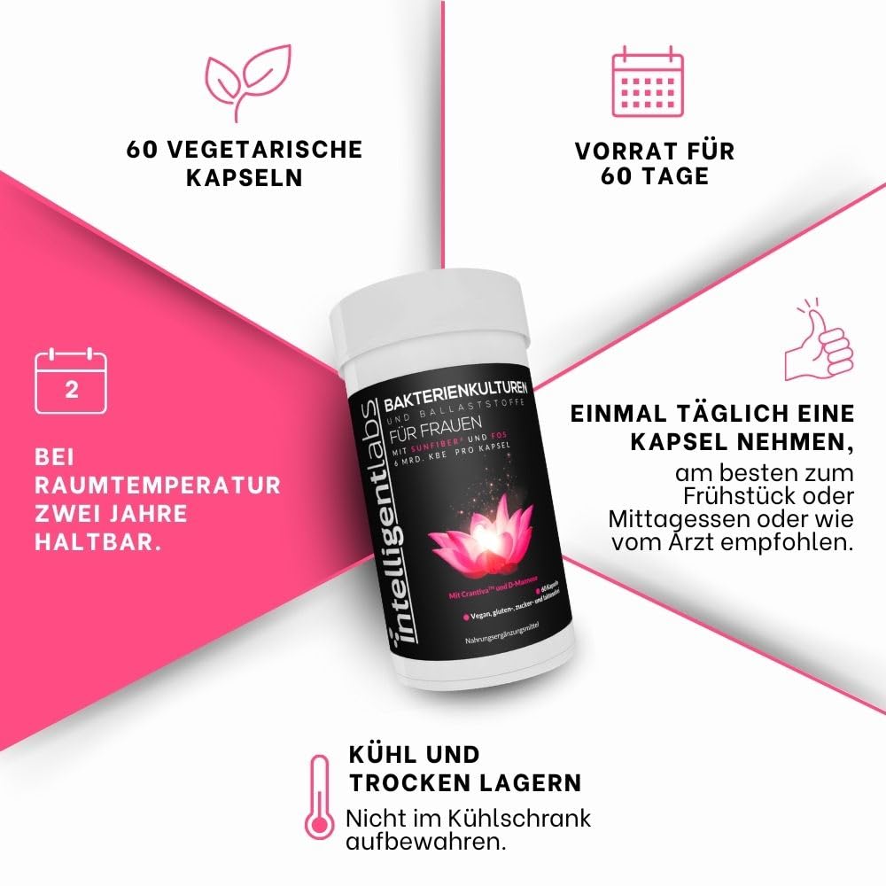 Beste Probiotika für Frauen, UTI-Formel mit Cranberry-Extrakt, D-Mannose und Präbiotika in einem! 6 Milliarden KBE Probiotikum, eine Kapsel pro Tag, Vorrat für 60 Tage