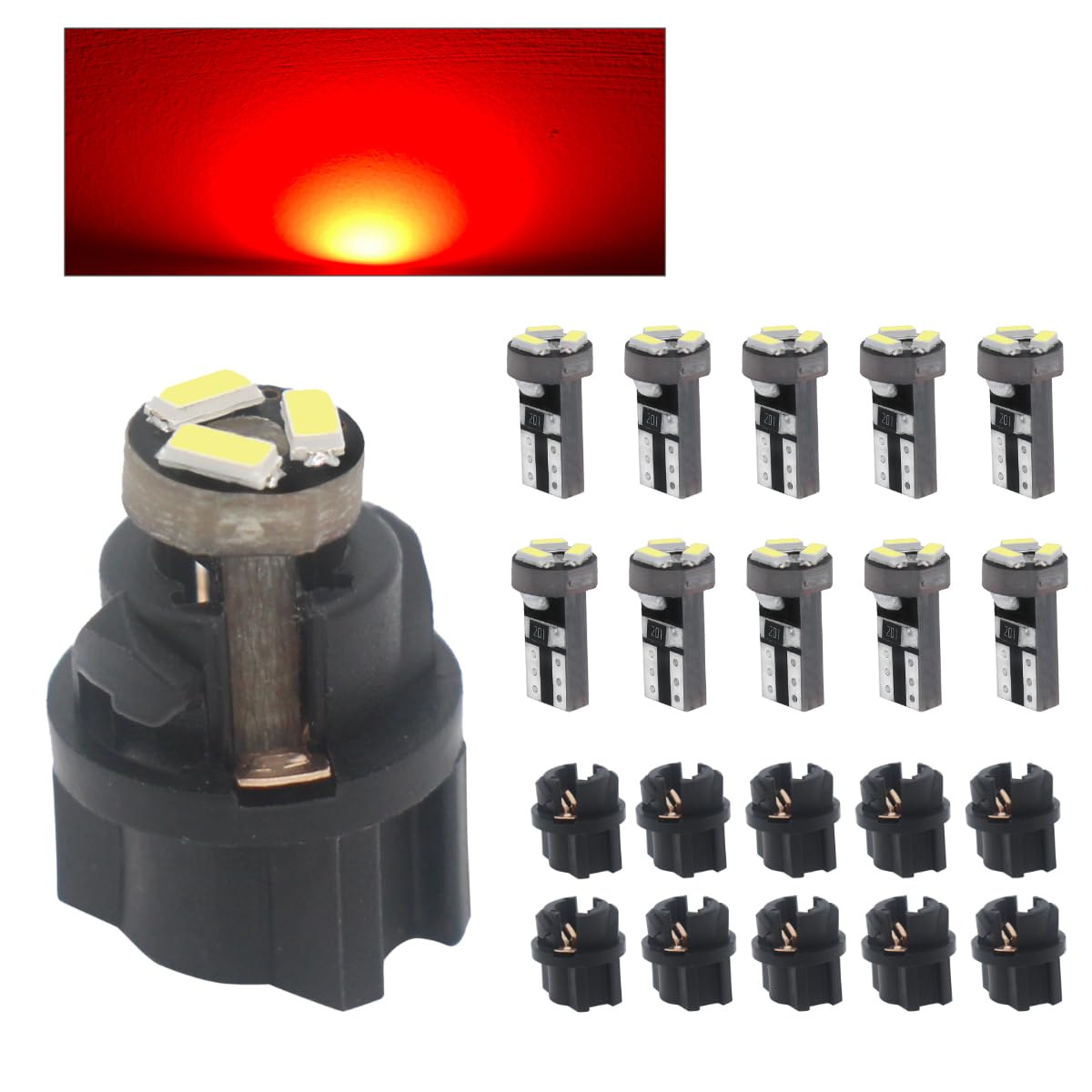 siweex T5 LED bulbs Red 74 73 37 2721 Car Dashboard Instrument Panel Gauge Cluster Indicator Lights with 3/8" 9mm T5 Twist Lock Socket Wedge Base, Pack of 10 Sets