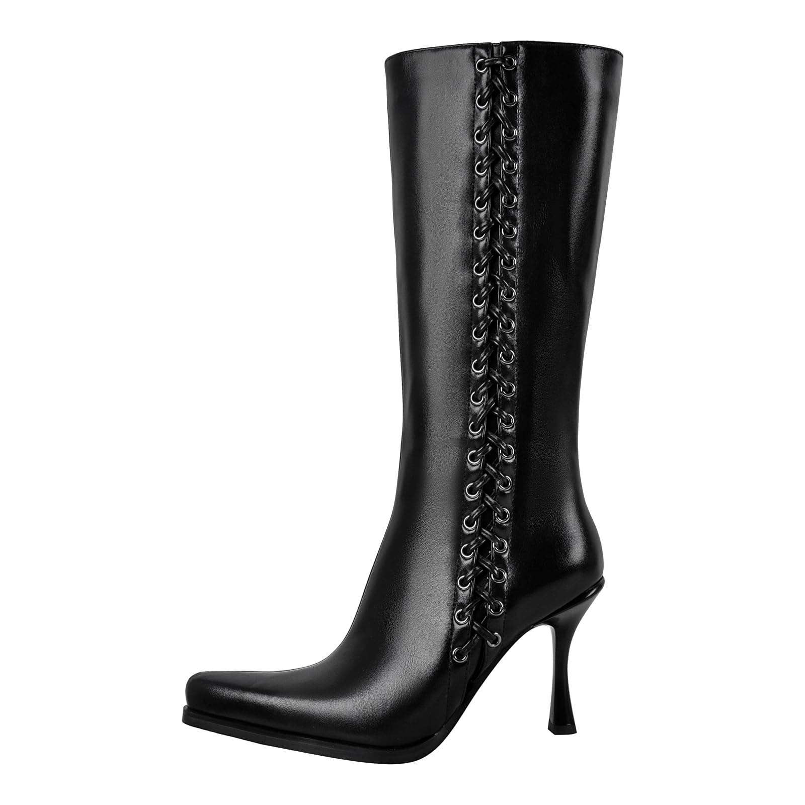 Womens Knee High Boots Stiletto Heel Boots Pointed Toe PU Leather Dress Shoes with Side Lace and Zipper