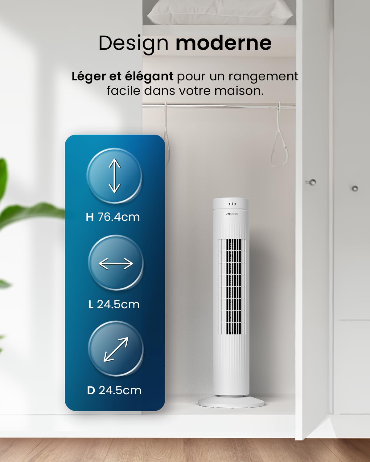 Pro Breeze Ventilateur colonne avec télécommande, hauteur 76 cm – Oscillation à 65°, minuteur, 3 vitesses – Ventilateur silencieux, puissant et économe en énergie pour chambre et bureau