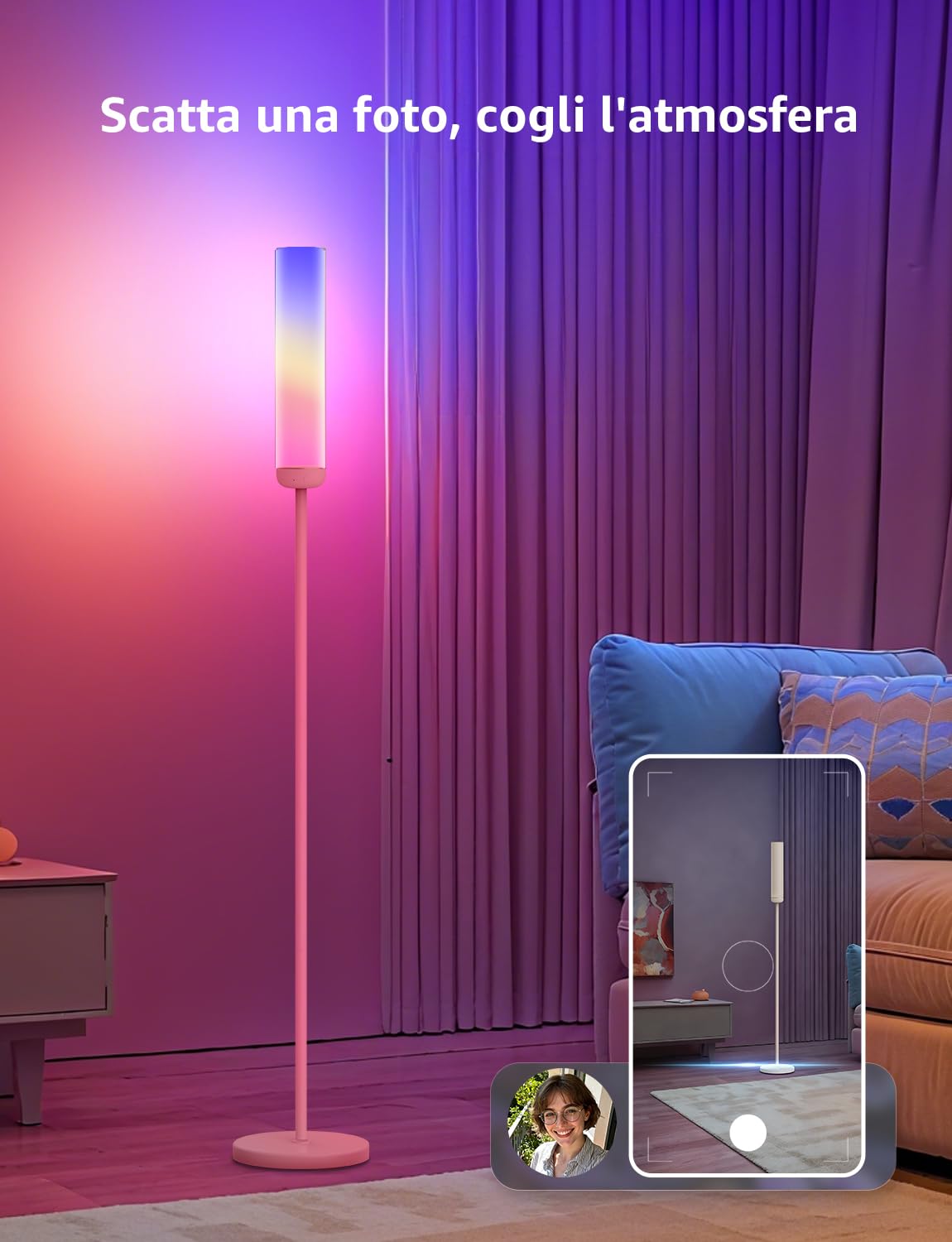 Lepro O1 AI Lampada da Terra,Piantana Moderna per Soggiorno,Musica Sincronizzazione per Festa,Gaming,TV,Compatibile Alexa/Google Home,Progettista Illuminazione AI Personalizzato,RGBIC,1800 Lumen