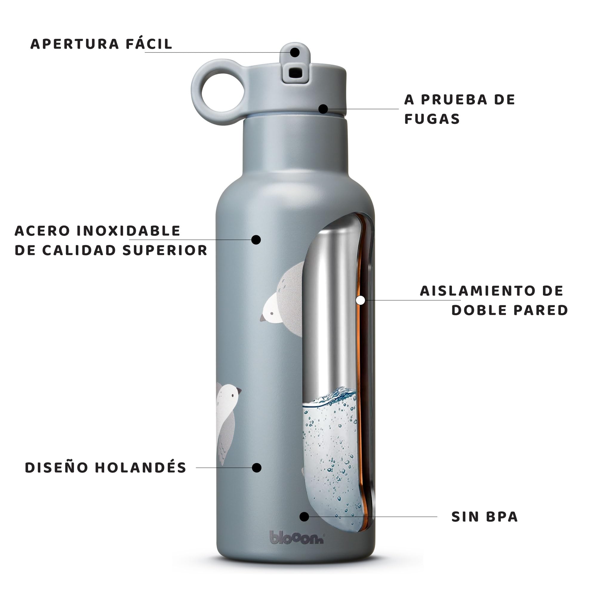 Blooom Botella de Agua Para Niños | Botella Termica Acero Inoxidable Con Pajita | Duradera, a Frueba de fugas y Fácil de Usar | Libre de BPA | Diseño Holandés (Pájaros, 350ml)