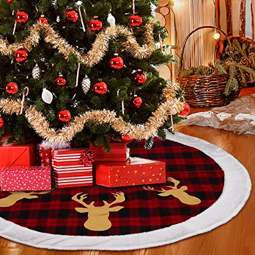 Garvee 48" Christmas Tree Skirt, Red Black Buffalo Plaid Christmas Tree Skirt, Xmas Tree Skirt with Reindeer Pattern for Holiday Party Indoor Decorations