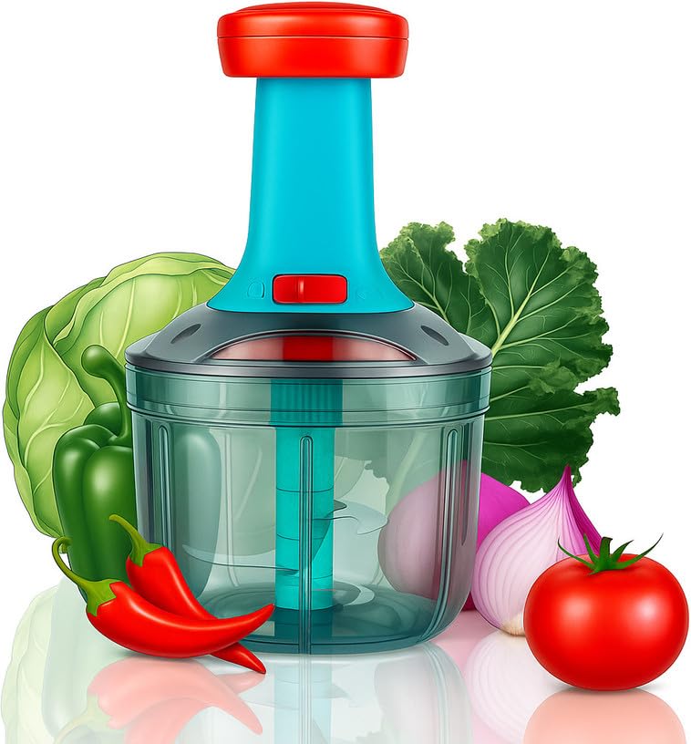Image of YOUONE Push Chopper, 1000ml Capacity, Stainless Steel Blade, Transparent Container with Lock System, Green (Multicolour)