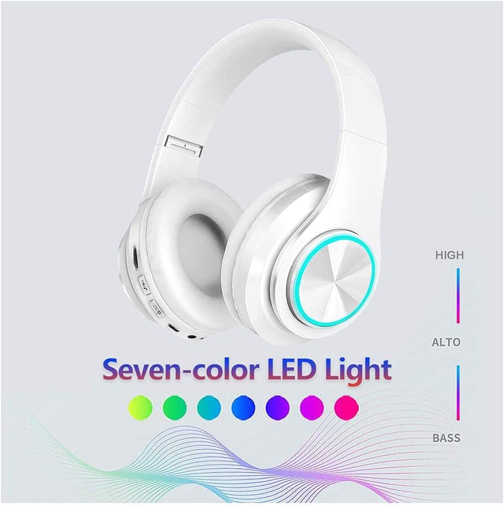 White headphones demonstrating seven-color LED light feature with a graphic showing high and bass frequencies.