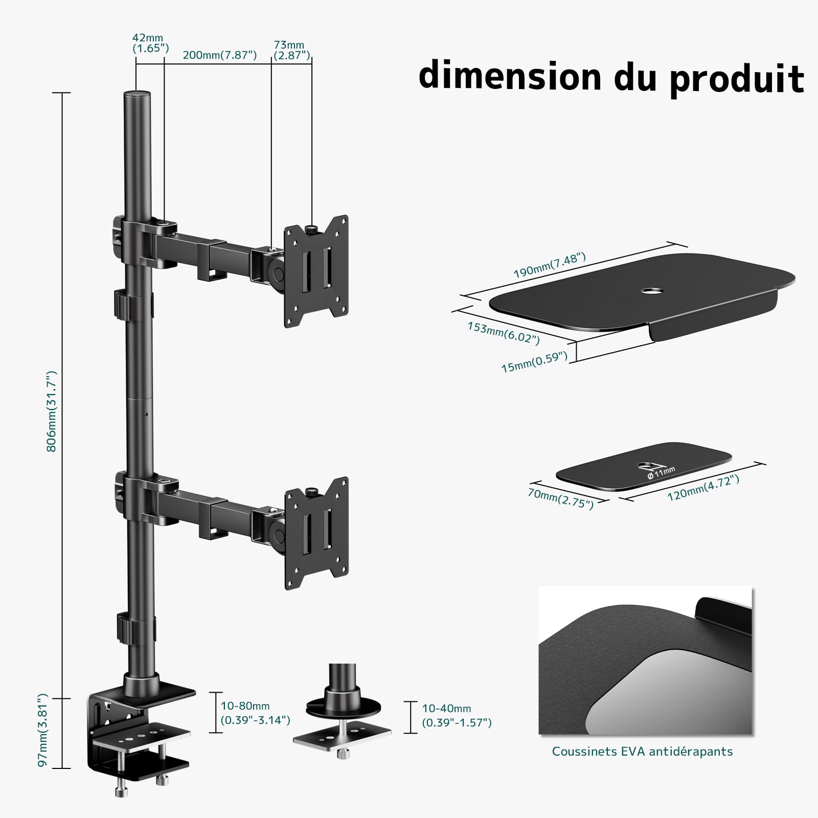 Bras Double écran Robuste pour écrans de 17 à 49",Réglable 360° & VESA Rapide, Compatible Écrans Plats/Curved, Gestion Câbles & Gain de Place